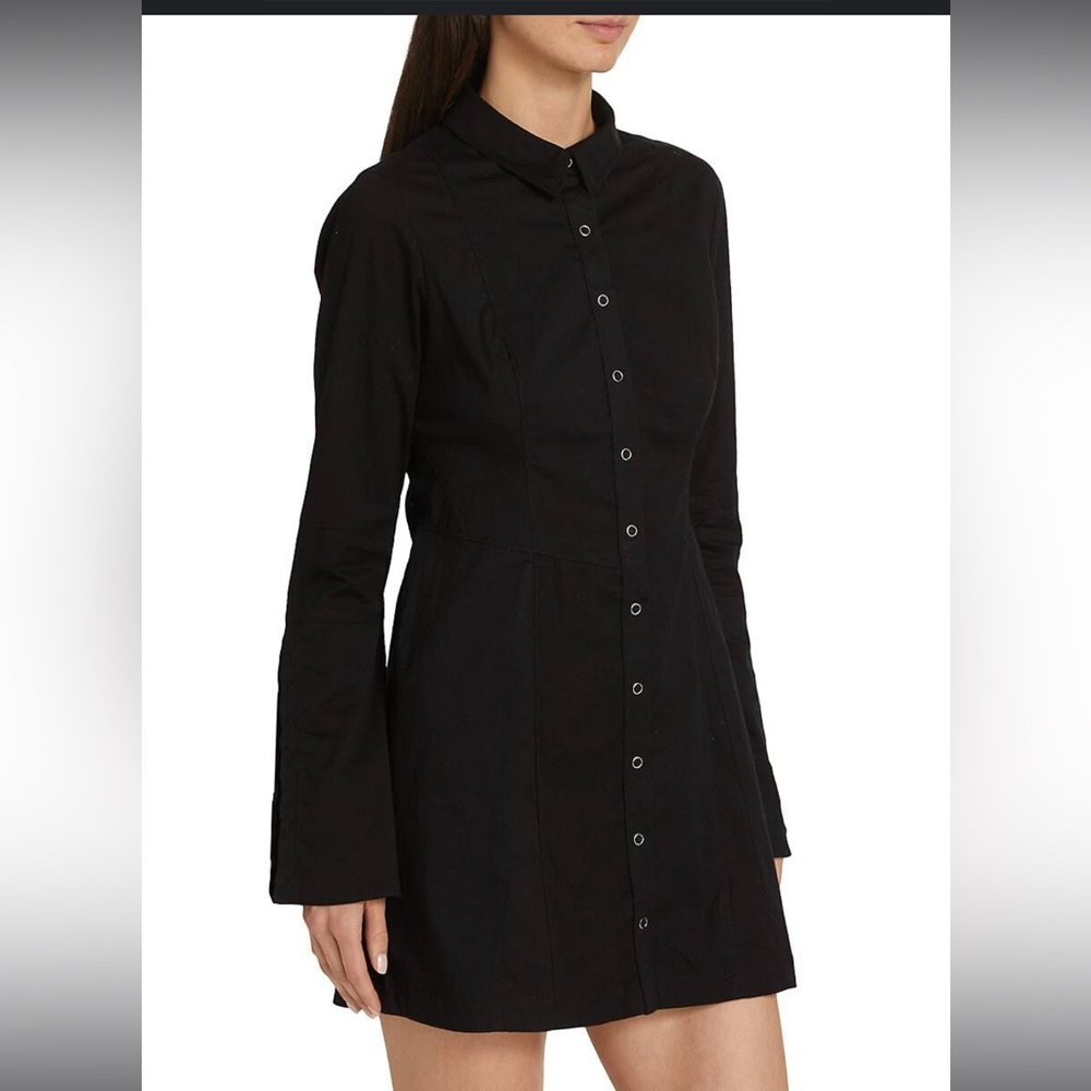 Free People | Thea Mini Dress Black Bell Sleeve Button Down Shirt Dress